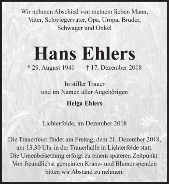 Traueranzeige von Hans Ehlers  von Magdeburger Volksstimme