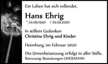 Traueranzeige von Hans Ehrig  von Magdeburger Volksstimme