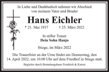 Traueranzeige von Hans Eichler  von Magdeburger Volksstimme