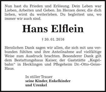 Traueranzeige von Hans Elflein  von Magdeburger Volksstimme