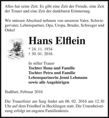 Traueranzeige von Hans Elflein  von Magdeburger Volksstimme