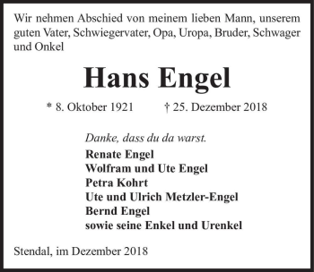 Traueranzeige von Hans Engel  von Magdeburger Volksstimme