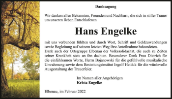 Traueranzeige von Hans Engelke  von Magdeburger Volksstimme