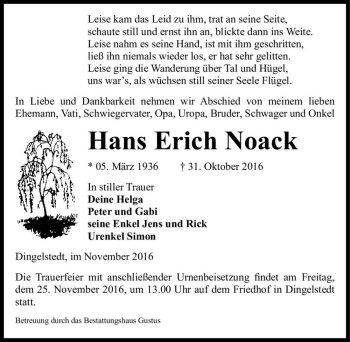 Traueranzeige von Hans Erich Noack  von Magdeburger Volksstimme