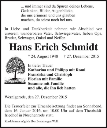Traueranzeige von Hans Erich Schmidt  von Magdeburger Volksstimme