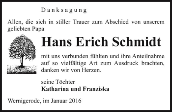 Traueranzeige von Hans Erich Schmidt  von Magdeburger Volksstimme