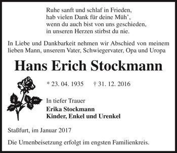 Traueranzeige von Hans Erich Stockmann  von Magdeburger Volksstimme