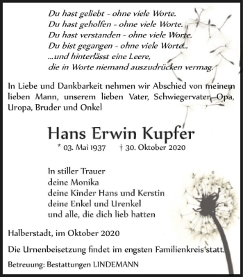 Traueranzeige von Hans Erwin Kupfer  von Magdeburger Volksstimme