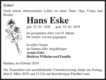 Traueranzeige von Hans Eske  von Magdeburger Volksstimme