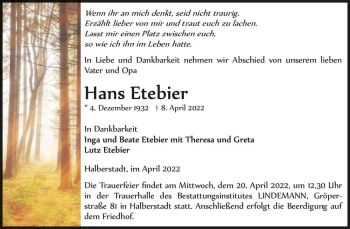 Traueranzeige von Hans Etebier  von Magdeburger Volksstimme