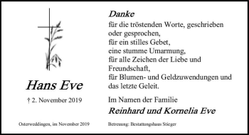 Traueranzeige von Hans Eve  von Magdeburger Volksstimme
