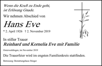 Traueranzeige von Hans Eve  von Magdeburger Volksstimme