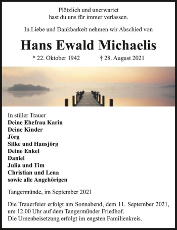 Traueranzeige von Hans Ewald Michaelis  von Magdeburger Volksstimme
