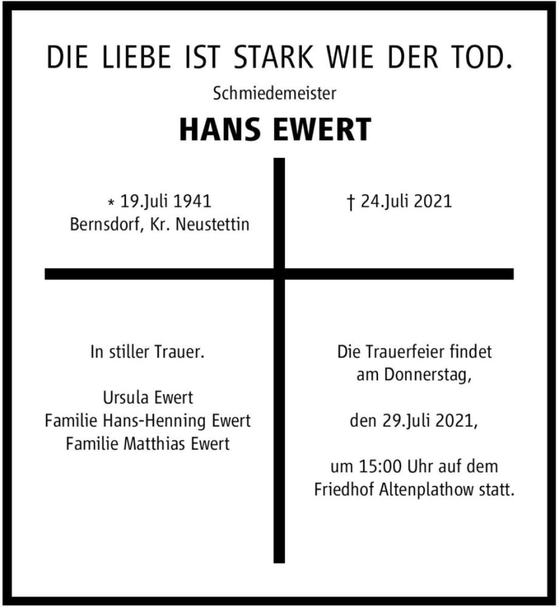  Traueranzeige für Hans Ewert  vom 27.07.2021 aus Magdeburger Volksstimme