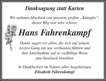 Traueranzeige von Hans Fahrenkampf  von Magdeburger Volksstimme