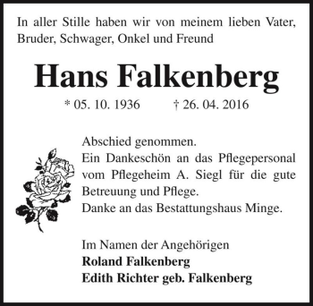Traueranzeige von Hans Falkenberg  von Magdeburger Volksstimme