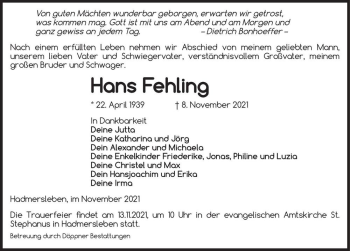 Traueranzeige von Hans Fehling  von Magdeburger Volksstimme