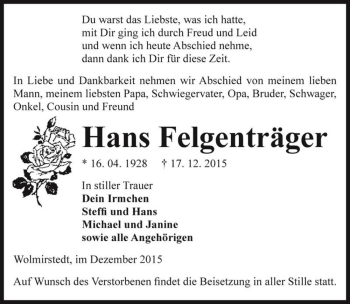 Traueranzeige von Hans Felgenträger  von Magdeburger Volksstimme