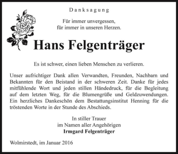 Traueranzeige von Hans Felgenträger  von Magdeburger Volksstimme