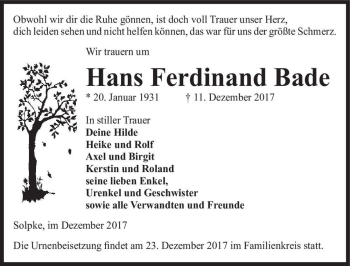 Traueranzeige von Hans Ferdinand Bade  von Magdeburger Volksstimme