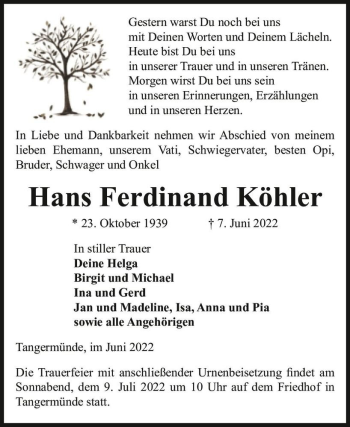 Traueranzeige von Hans Ferdinand Köhler  von Magdeburger Volksstimme