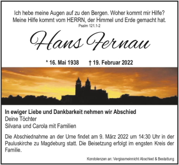 Traueranzeige von Hans Fernau  von Magdeburger Volksstimme