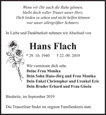 Traueranzeige von Hans Flach  von Magdeburger Volksstimme