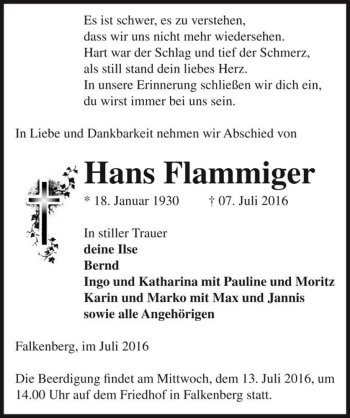 Traueranzeige von Hans Flammiger  von Magdeburger Volksstimme