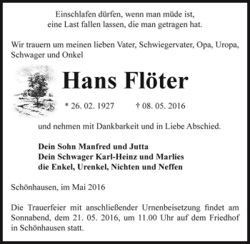 Traueranzeige von Hans Flöter  von Magdeburger Volksstimme
