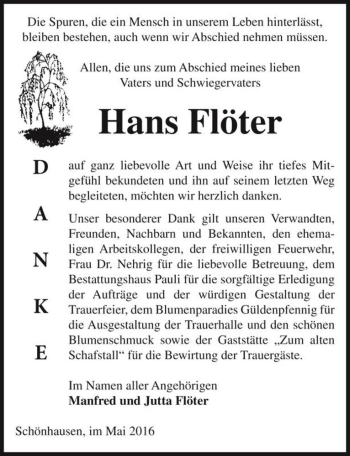 Traueranzeige von Hans Flöter  von Magdeburger Volksstimme