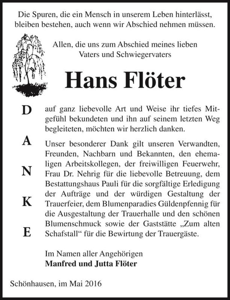 Traueranzeige für Hans Flöter  vom 28.05.2016 aus Magdeburger Volksstimme
