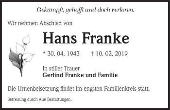 Traueranzeige von Hans Franke  von Magdeburger Volksstimme