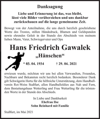 Traueranzeige von Hans Friedrich Gawalek 