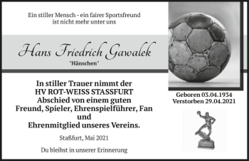 Traueranzeige von Hans Friedrich Gawalek 