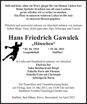 Traueranzeige von Hans Friedrich Gawalek 