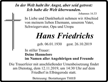 Traueranzeige von Hans Friedrichs  von Magdeburger Volksstimme