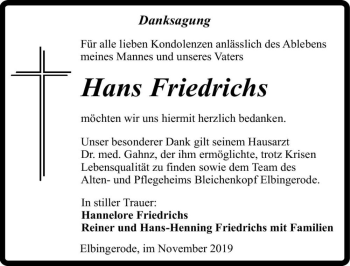 Traueranzeige von Hans Friedrichs  von Magdeburger Volksstimme