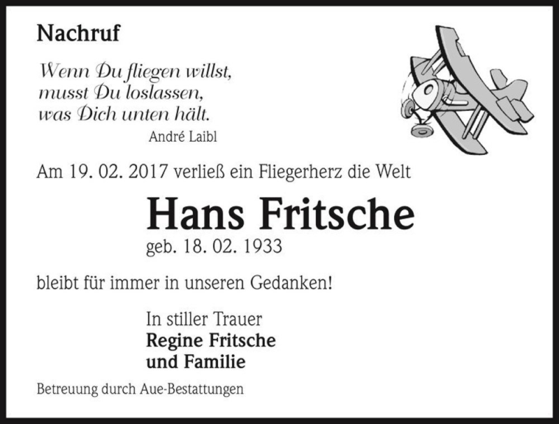  Traueranzeige für Hans Fritsche  vom 04.03.2017 aus Magdeburger Volksstimme