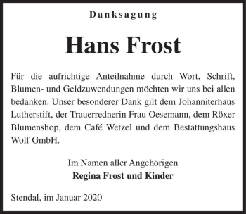 Traueranzeige von Hans Frost  von Magdeburger Volksstimme
