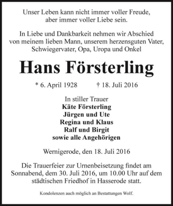 Traueranzeige von Hans Försterling  von Magdeburger Volksstimme