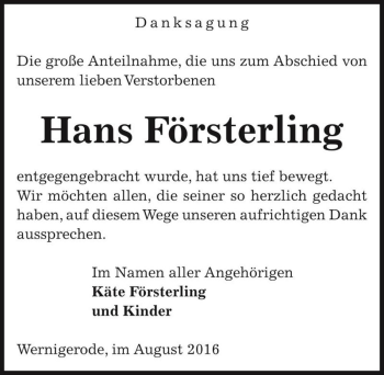Traueranzeige von Hans Försterling  von Magdeburger Volksstimme