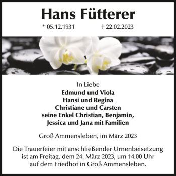 Traueranzeige von Hans Fütterer  von Magdeburger Volksstimme