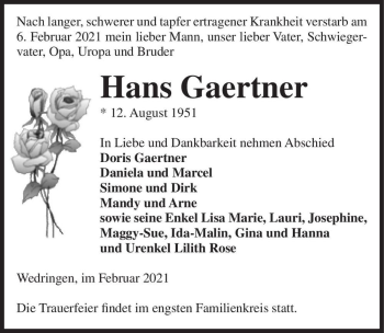 Traueranzeige von Hans Gaertner  von Magdeburger Volksstimme