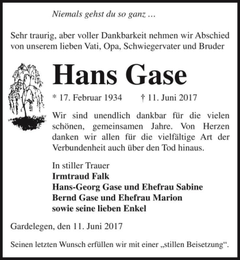 Traueranzeige von Hans Gase  von Magdeburger Volksstimme