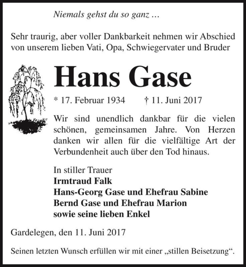 Traueranzeigen von Hans Gase www.abschiednehmen.de