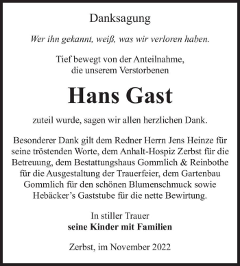 Traueranzeige von Hans Gast  von Magdeburger Volksstimme