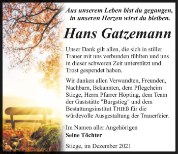 Traueranzeige von Hans Gatzemann  von Magdeburger Volksstimme