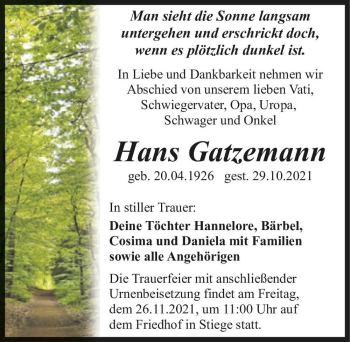 Traueranzeige von Hans Gatzemann  von Magdeburger Volksstimme