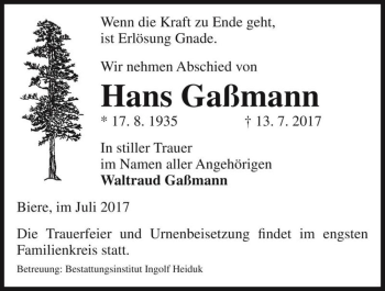 Traueranzeige von Hans Gaßmann  von Magdeburger Volksstimme