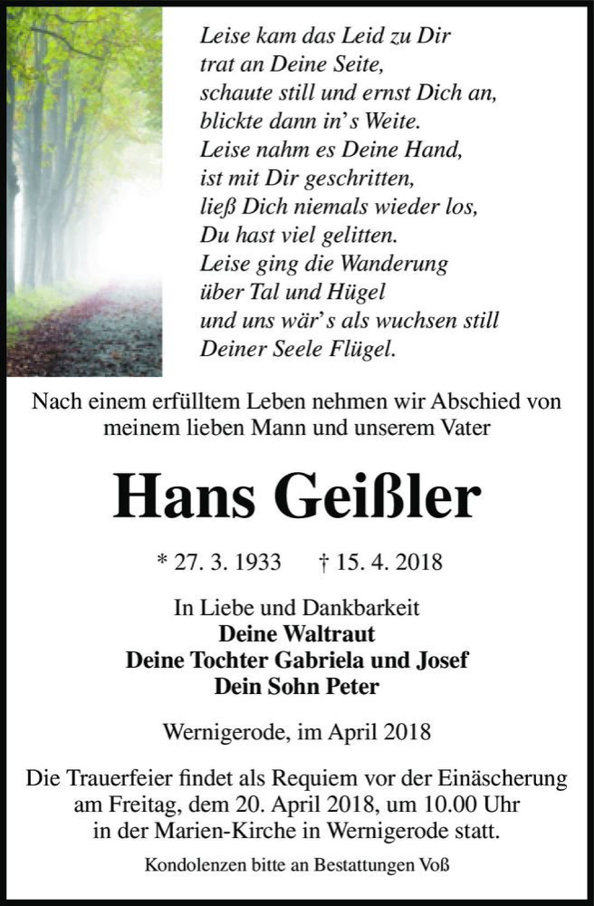  Traueranzeige für Hans Geißler  vom 18.04.2018 aus Magdeburger Volksstimme